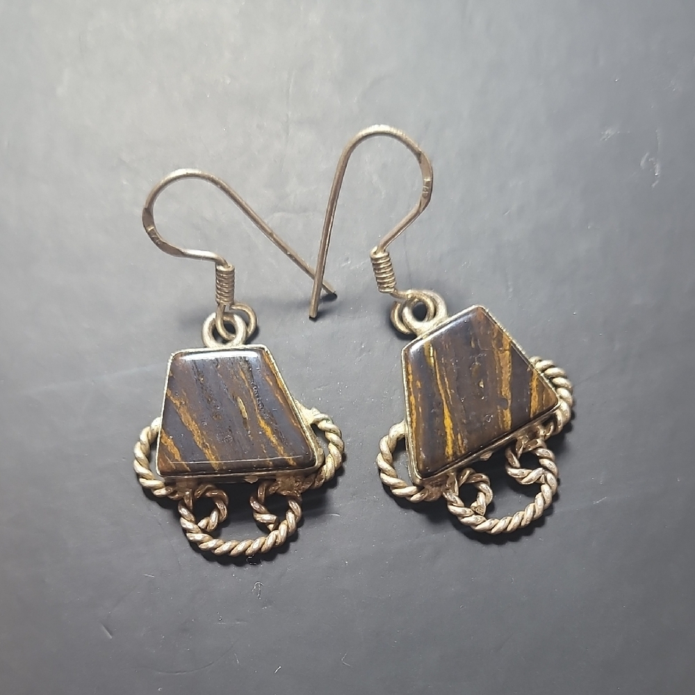Artisan Tiger Eye Gemstone 925 Silver Geometric Earrings